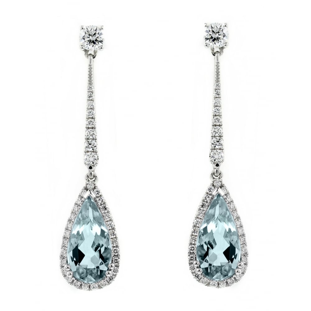 18ct white gold 3.45ct aquamarine & 0.71ct diamond drop earrings