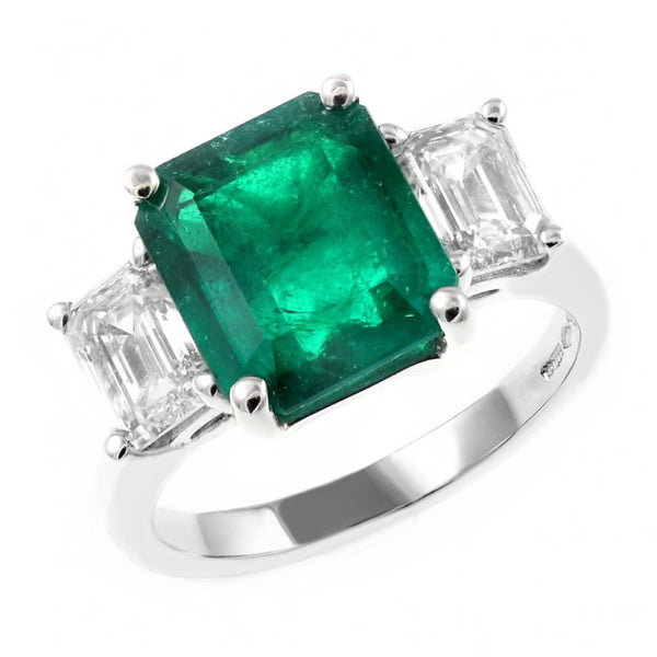 18ct white gold 3.36ct emerald & 1.80ct diamond 3 stone ring