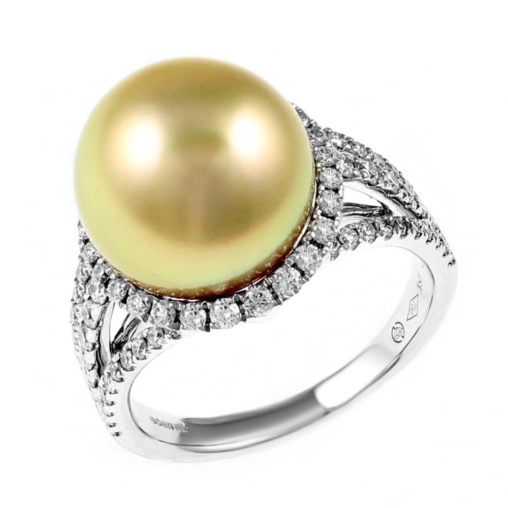 18ct white gold 12mm golden pearl & 0.86ct diamond cluster ring