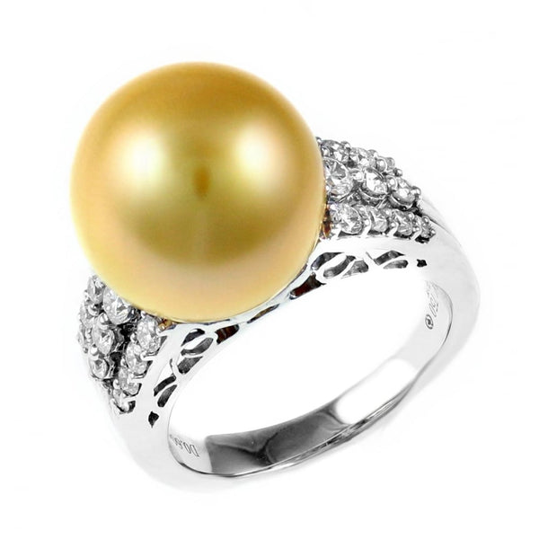 18ct white gold 13mm golden pearl & 0.60ct diamond cluster ring