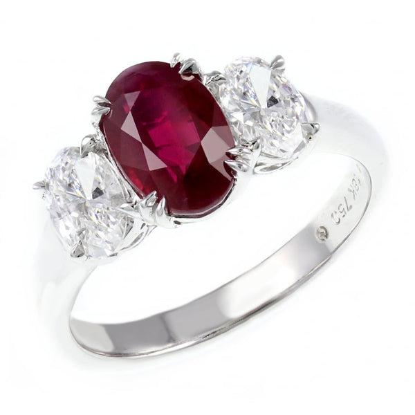 18ct white gold 2.01ct ruby & 0.62ct diamond 3 stone ring