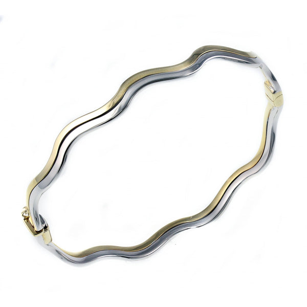 9ct yellow & white gold solid 2 row wavy bangle