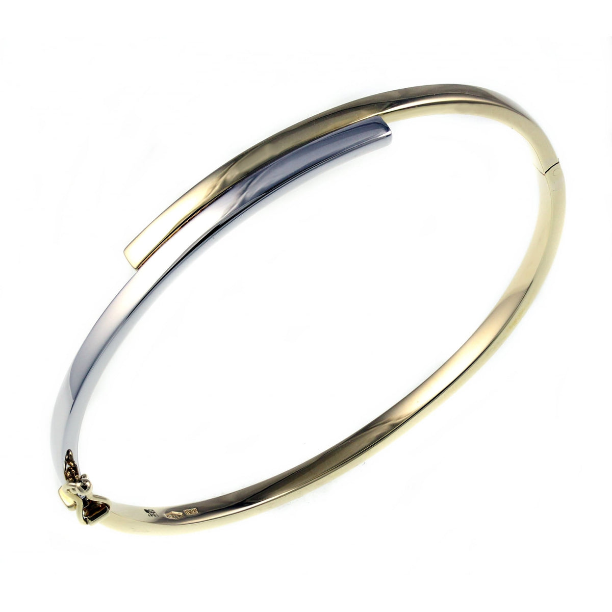 9ct white & yellow gold solid 2 row crossover bangle