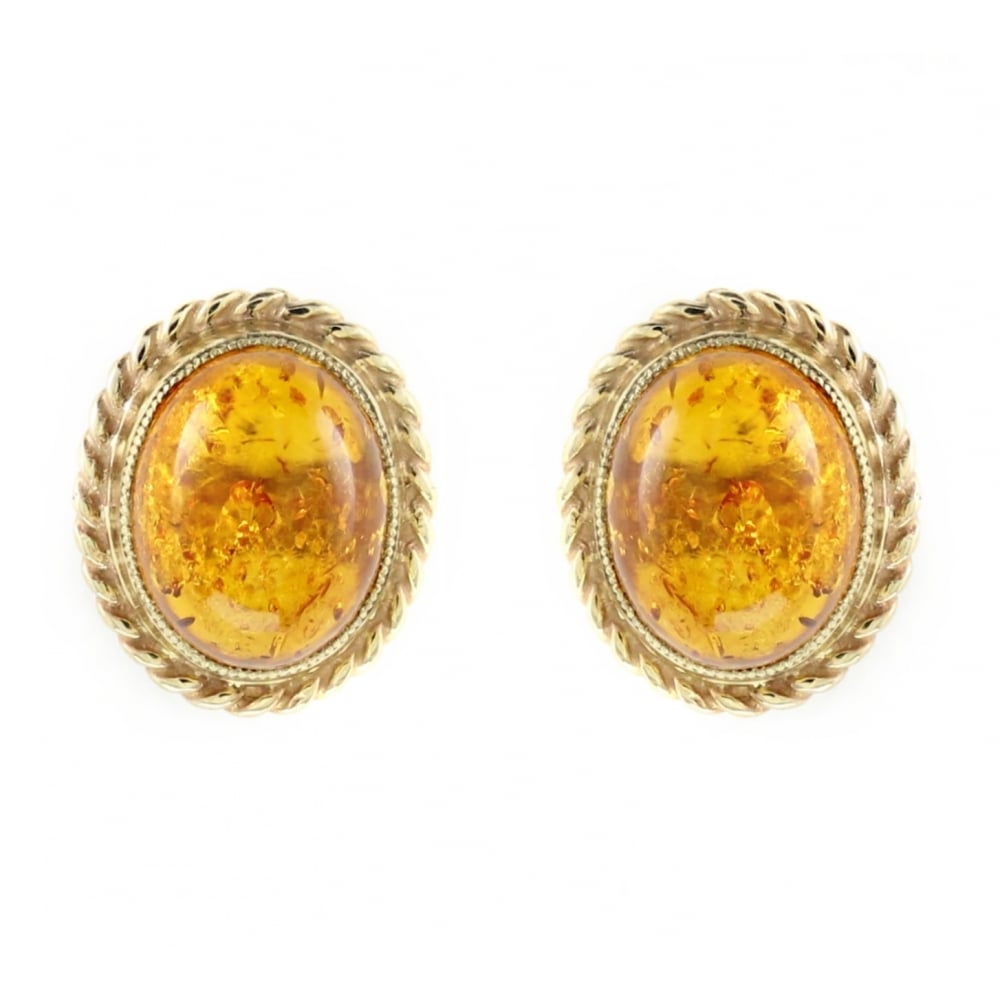 9ct yellow gold 10mm x 8mm cabachon oval amber stud earrings