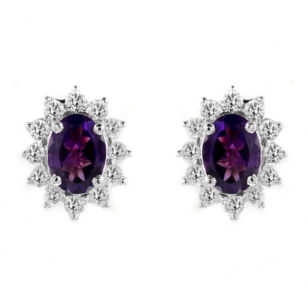 18ct white gold 1.56ct amethyst 0.69ct diamond cluster earrings