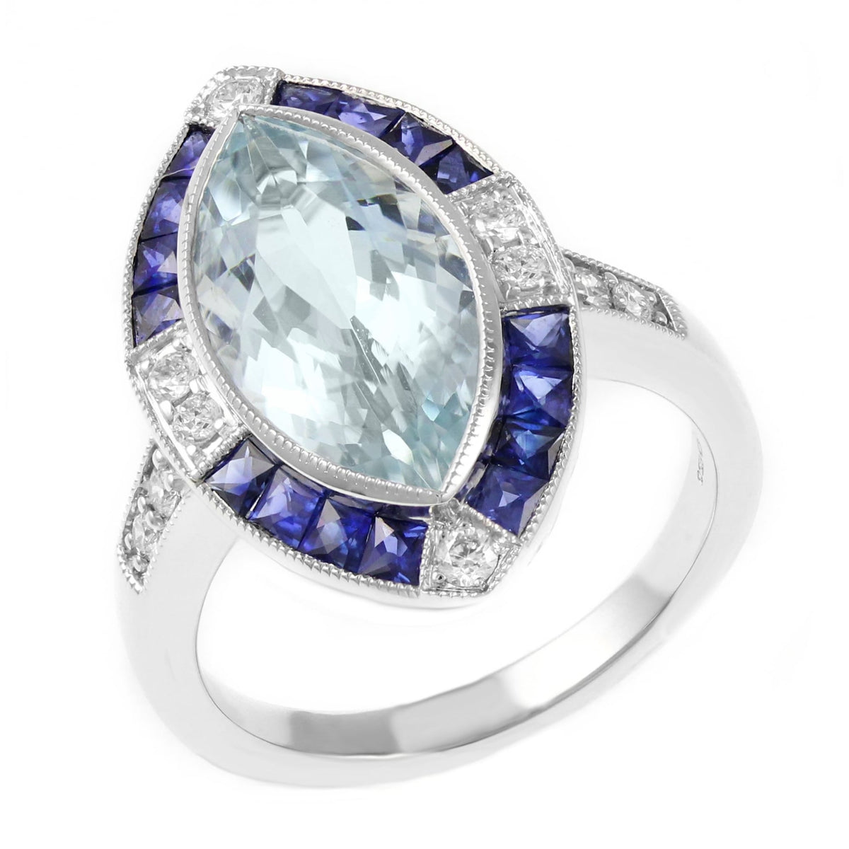 18ct white gold aquamarine, sapphire, diamond cluster ring