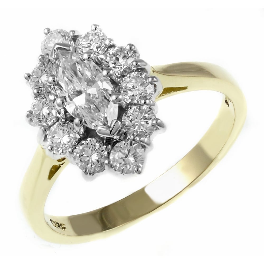 18ct yellow gold 1.00ct F VS2 GIA marquise diamond cluster ring