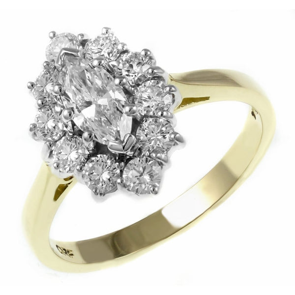 18ct yellow gold 1.00ct F VS2 GIA marquise diamond cluster ring