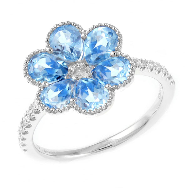 18ct white gold 2.13ct blue topaz & 0.28ct diamond cluster ring