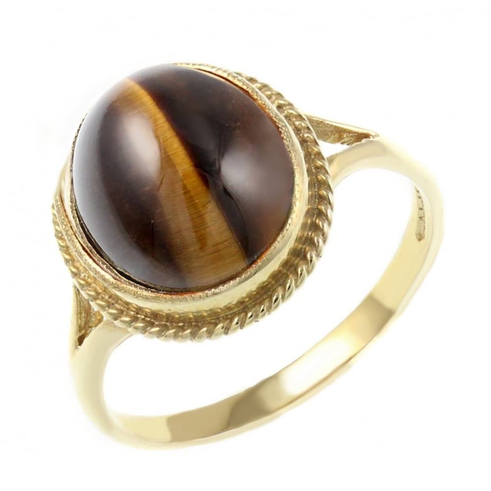 9ct yellow gold 12mm x 10mm oval tigers eye ring