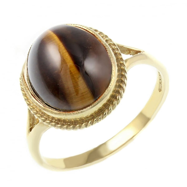 9ct yellow gold 12mm x 10mm oval tigers eye ring