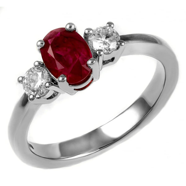 Platinum 1.38ct ruby & 0.30ct round diamond 3 stone ring