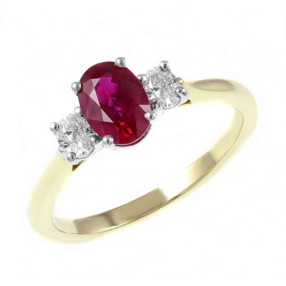 18ct yellow gold 1.01ct ruby & 0.25ct diamond 3 stone ring