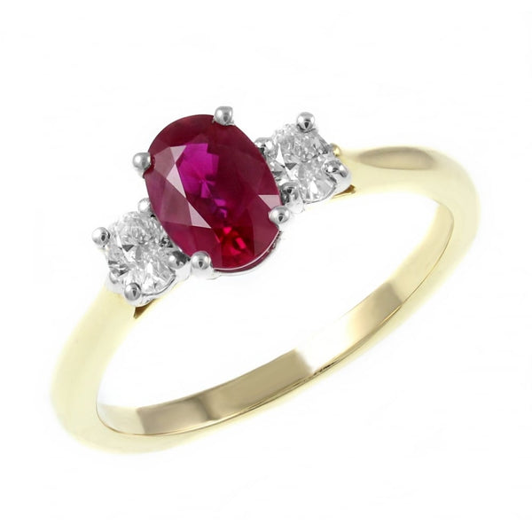 18ct yellow gold 1.01ct ruby & 0.25ct diamond 3 stone ring