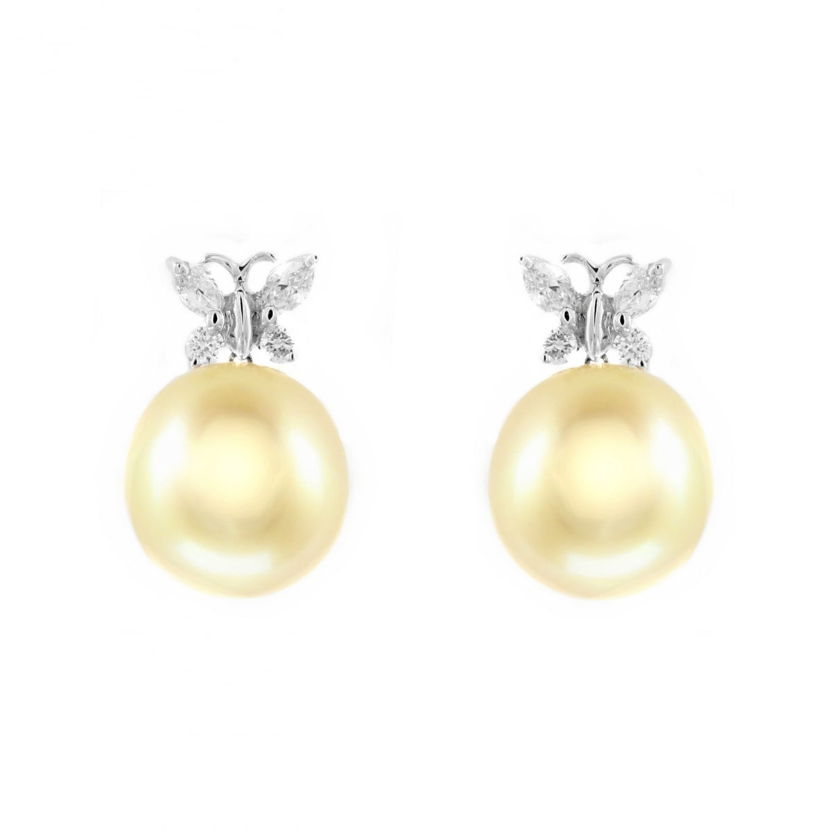 18ct white gold 11mm golden pearl & diamond butterfly earrrings