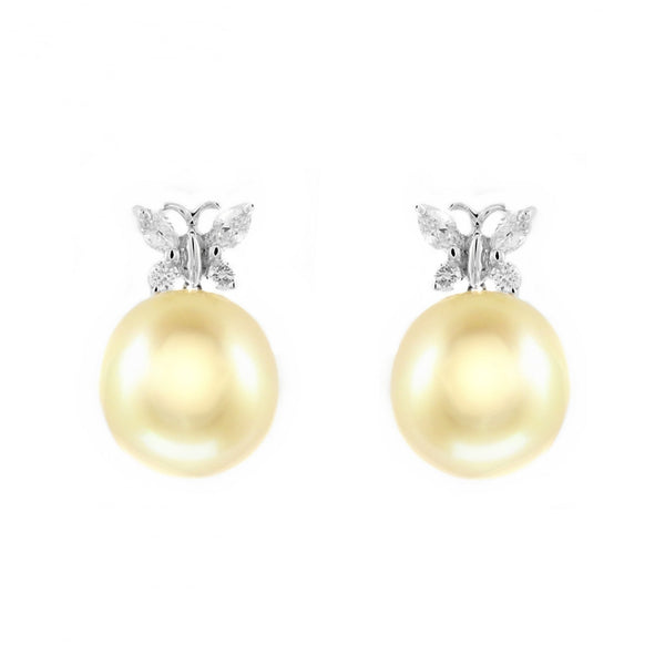 18ct white gold 11mm golden pearl & diamond butterfly earrrings