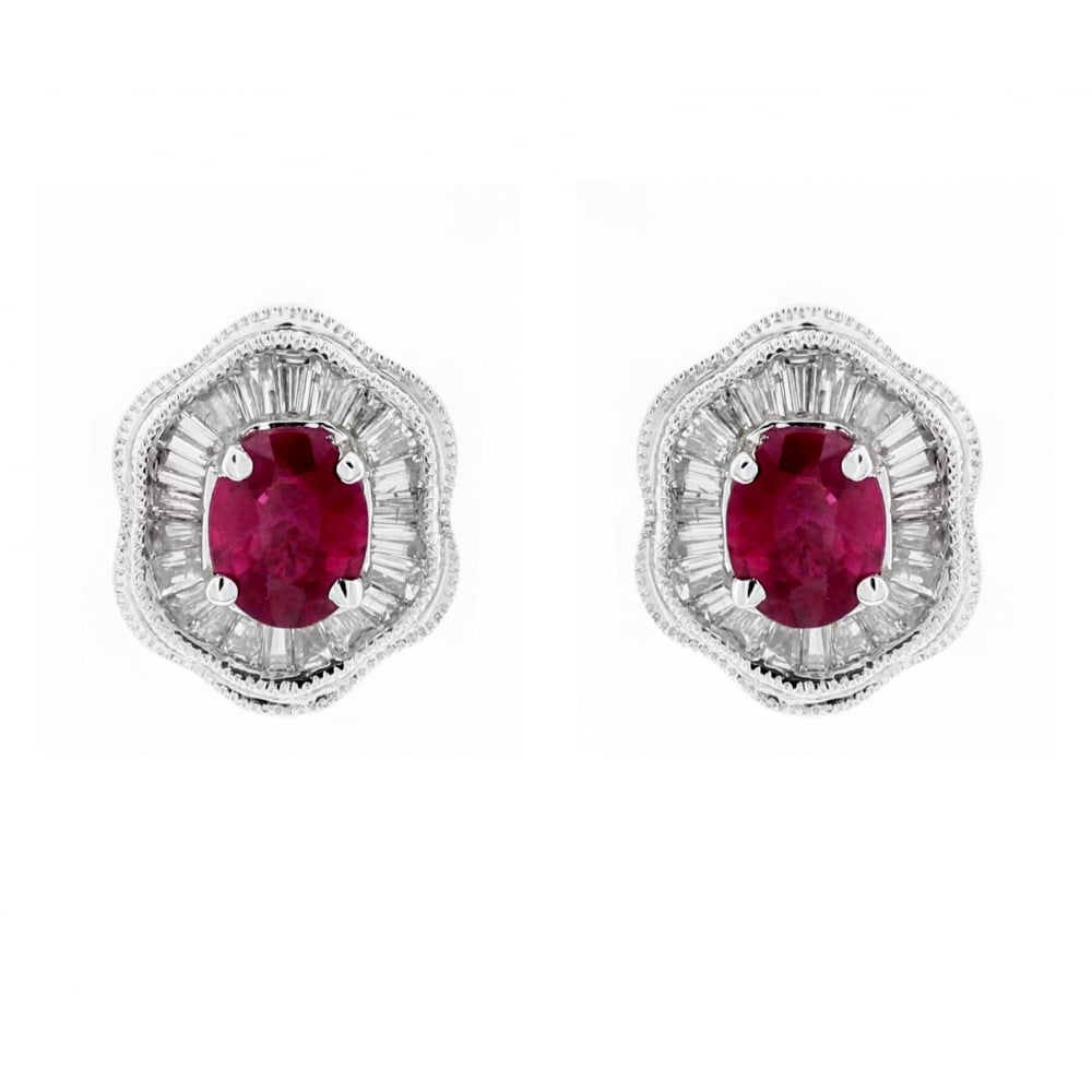 18ct white gold 0.75ct ruby & 0.51ct diamond cluster earrings