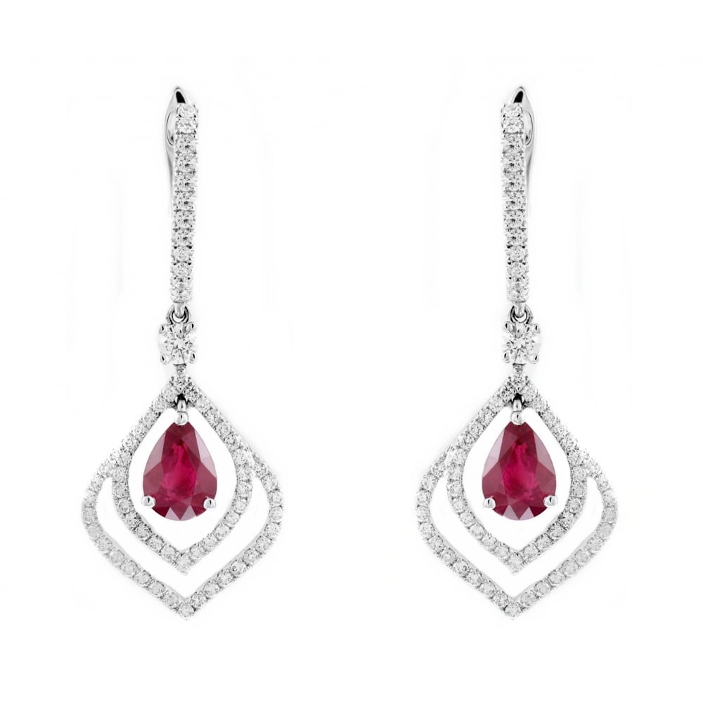 18ct white gold 1.74ct ruby & 0.85ct diamond fancy drop earrings
