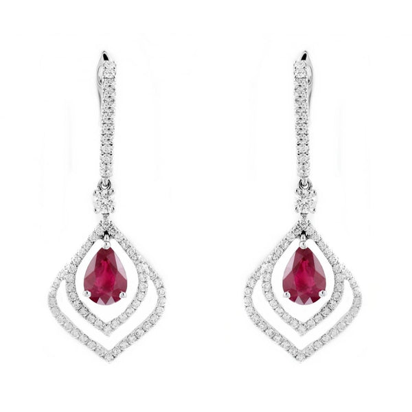 18ct white gold 1.74ct ruby & 0.85ct diamond fancy drop earrings