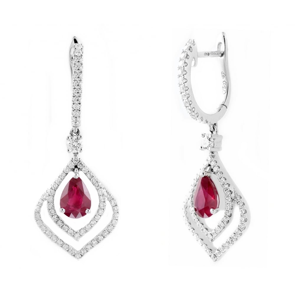 18ct white gold 1.74ct ruby & 0.85ct diamond fancy drop earrings
