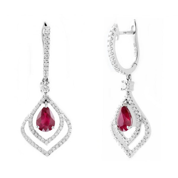 18ct white gold 1.74ct ruby & 0.85ct diamond fancy drop earrings