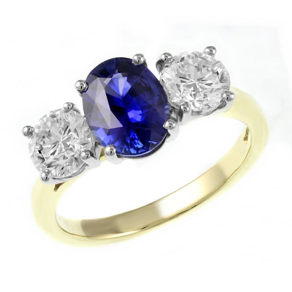 18ct yellow gold 1.46ct sapphire & 1.20ct diamond 3 stone ring