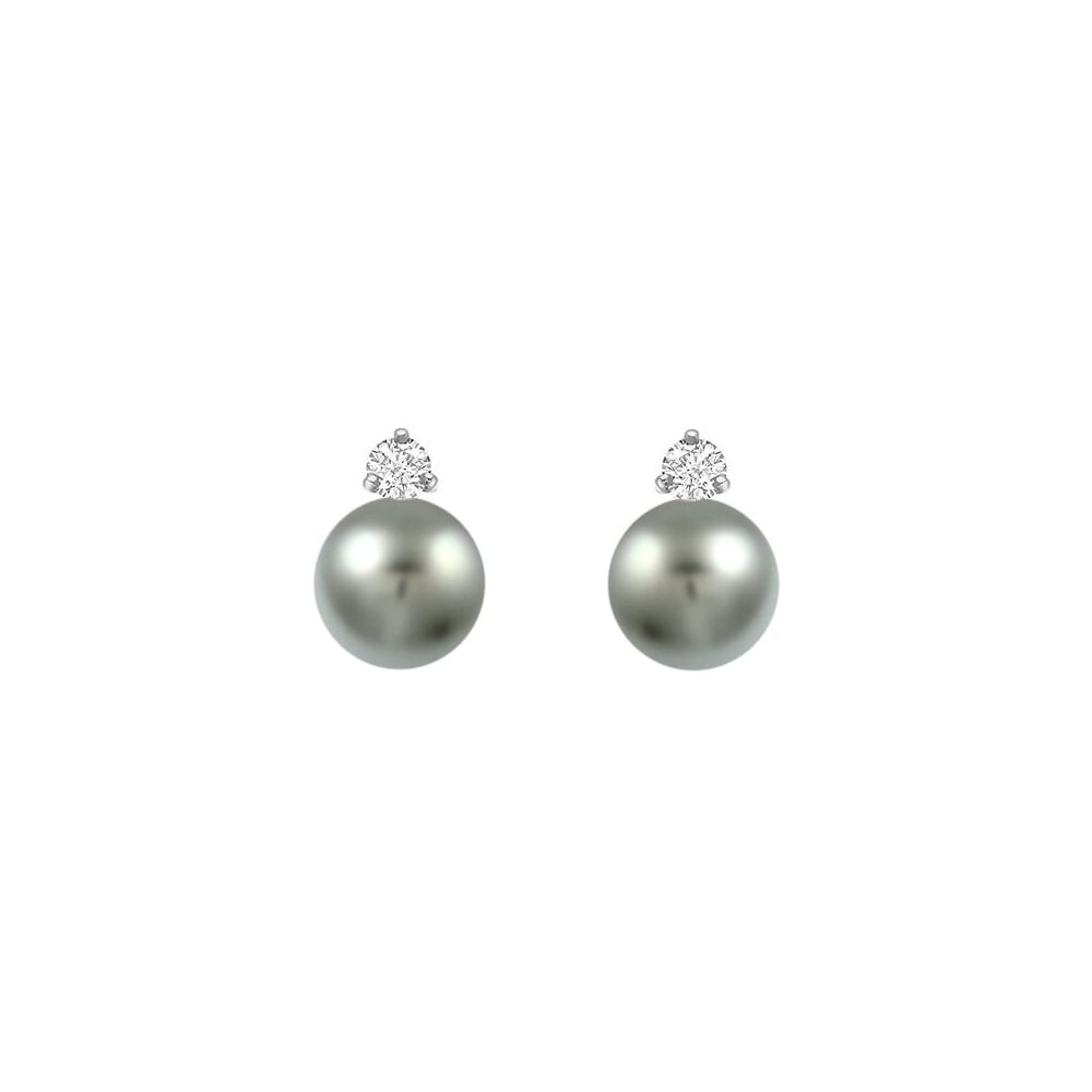 18ct white gold 9mm Tahitian grey pearl 0.30ct diamond earrings