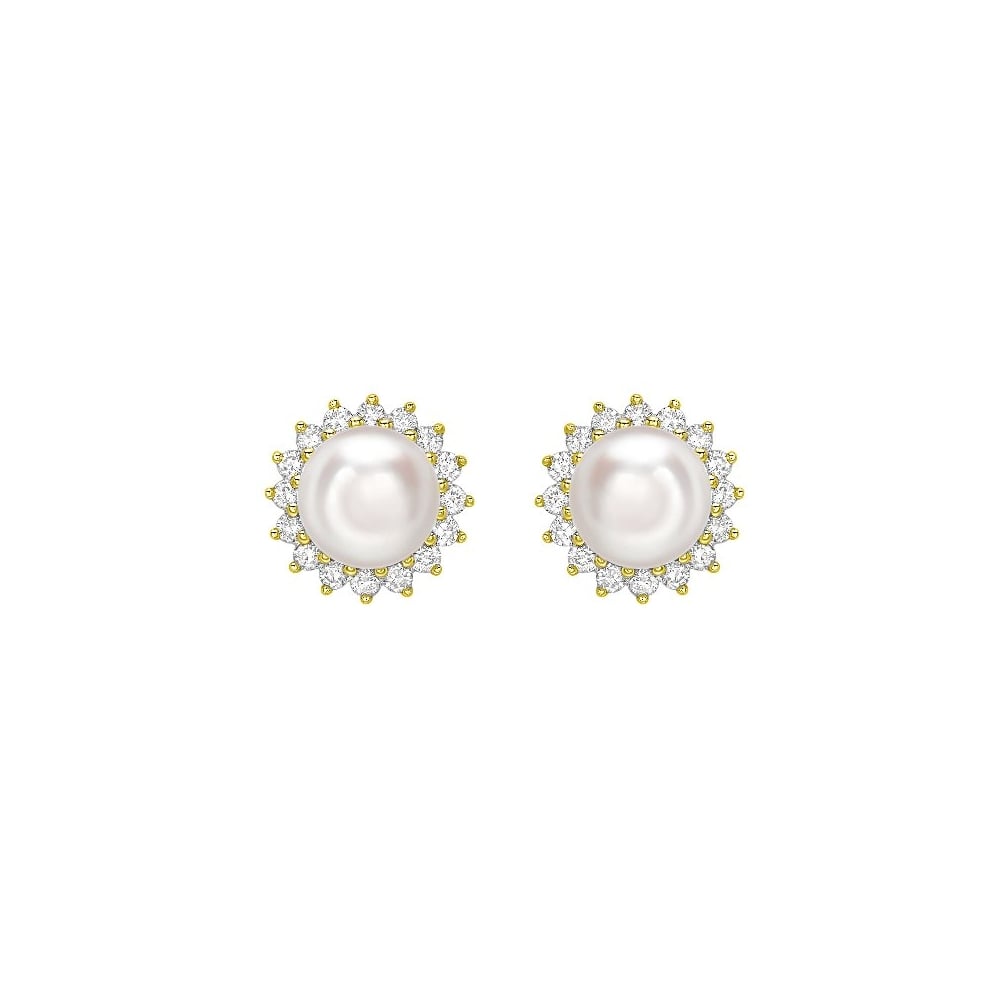 18ct yellow gold 7mm Akoya pearl 0.89ct diamond cluster earrings