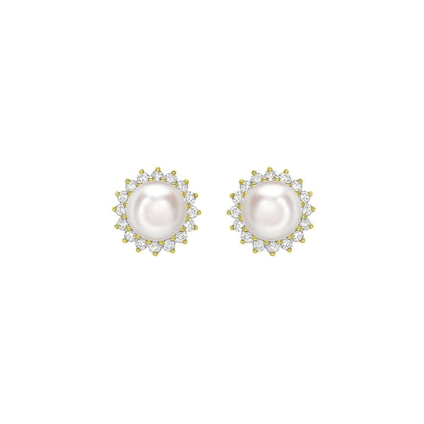 18ct yellow gold 7mm Akoya pearl 0.89ct diamond cluster earrings