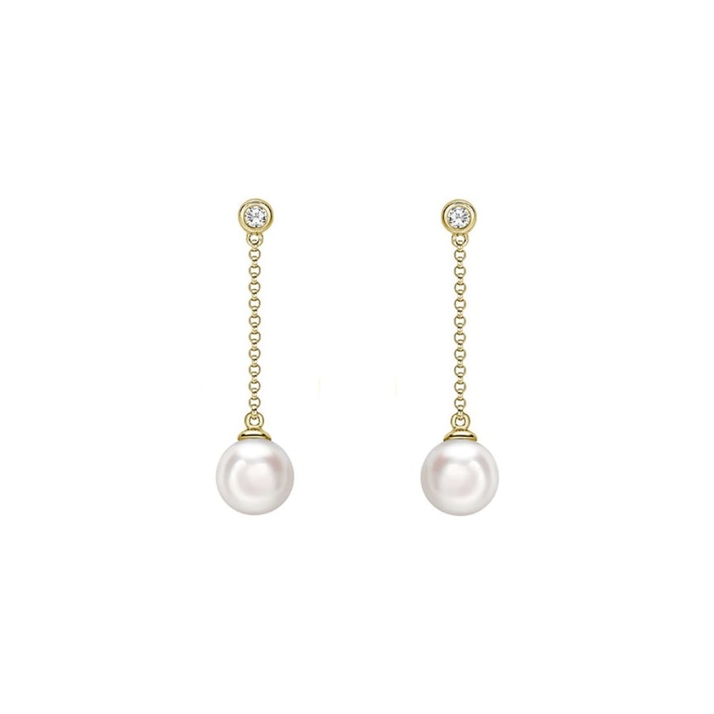 18ct yellow gold 7mm Akoya pearl & 0.06ct diamond drop earrings
