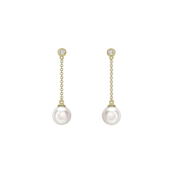 18ct yellow gold 7mm Akoya pearl & 0.06ct diamond drop earrings