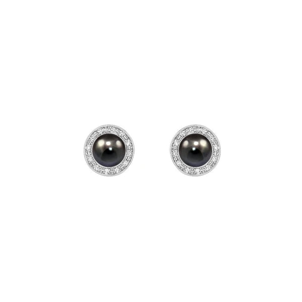 18ct white gold 7mm black pearl & 0.17ct diamond earrings