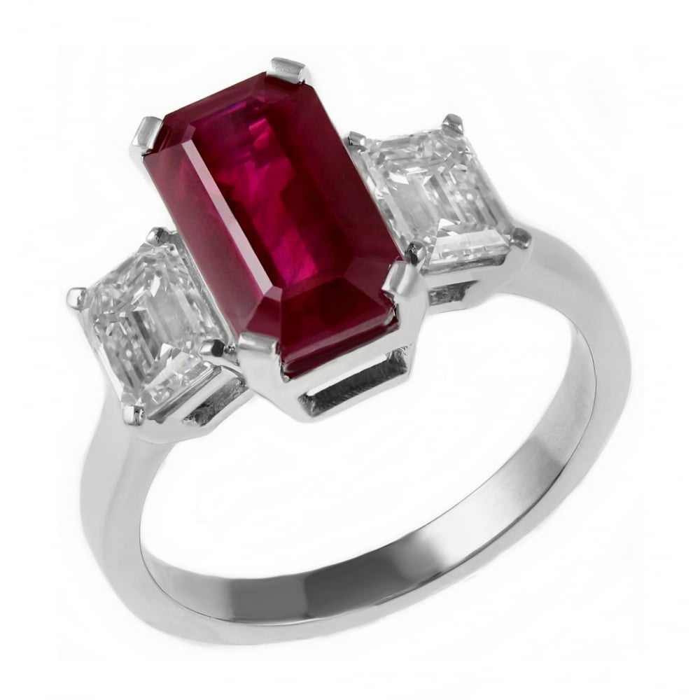 Platinum 4.08ct ruby & 1.46ct GIA diamond 3 stone ring