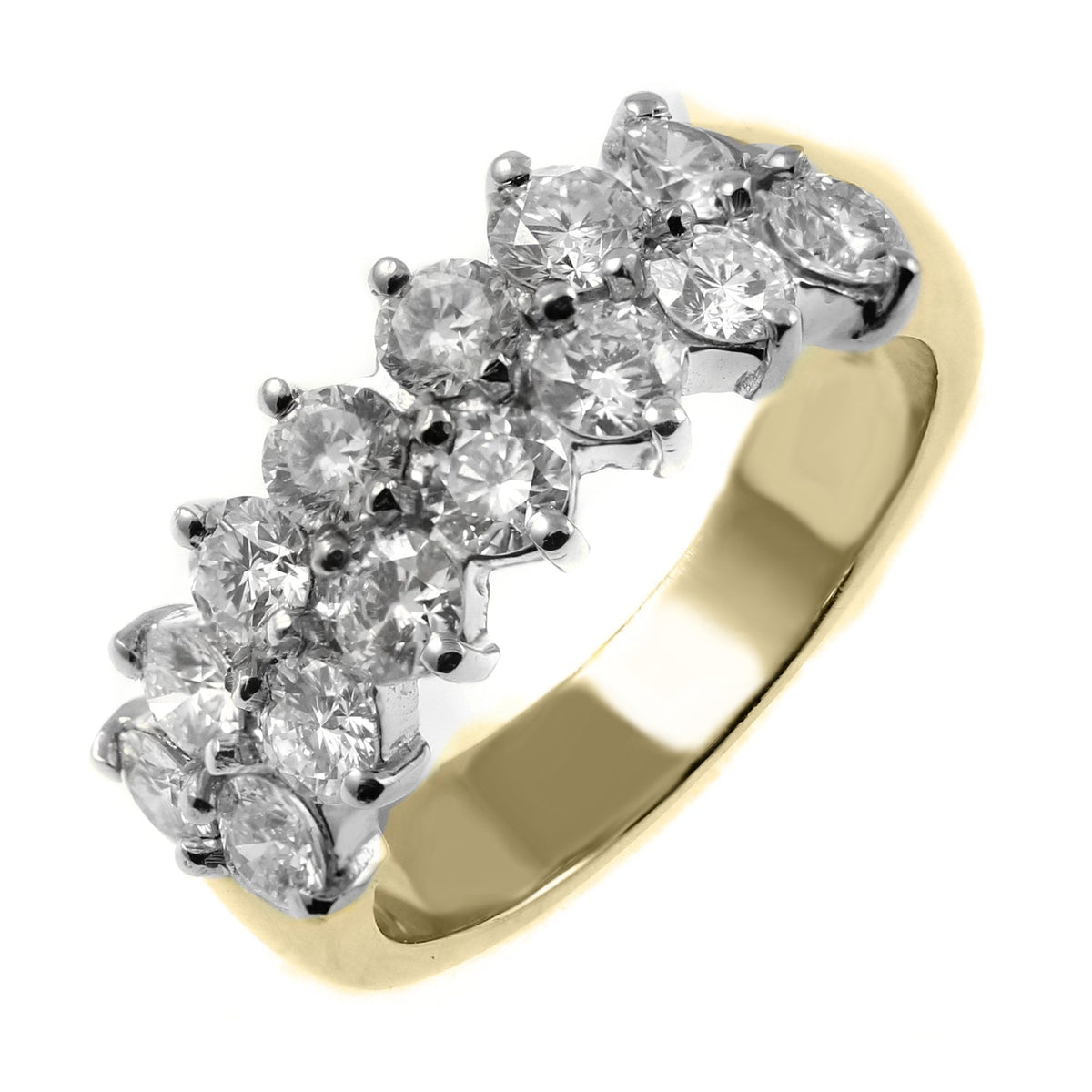 18ct yellow gold 1.75ct round brilliant cut diamond 2 row ring