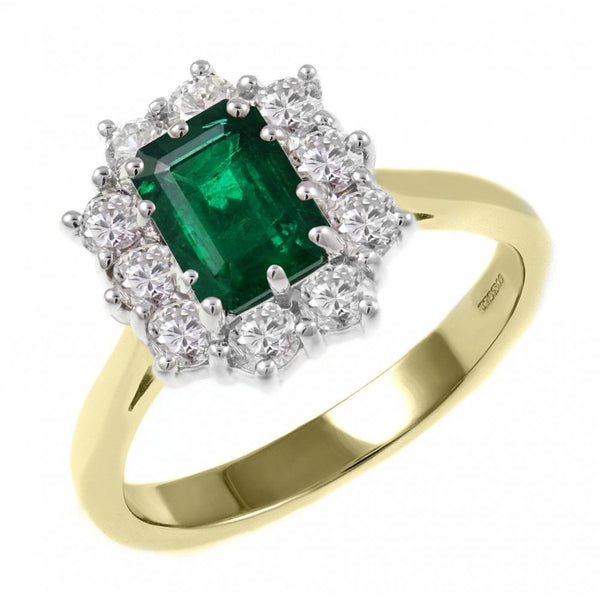 18ct yellow gold 0.85ct emerald 0.80ct diamond cluster ring