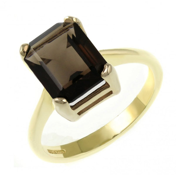9ct yellow gold 10mm x 8mm emerald cut smoky quartz ring