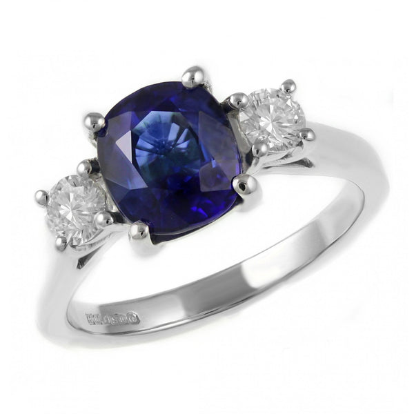 Platinum 2.22ct sapphire & 0.51ct D SI1 diamond 3 stone ring
