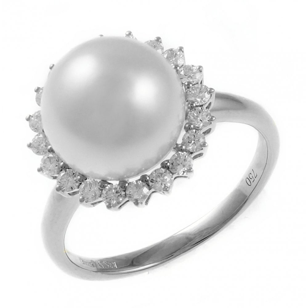 18ct white gold 10mm South Sea pearl & 0.43ct diamond ring