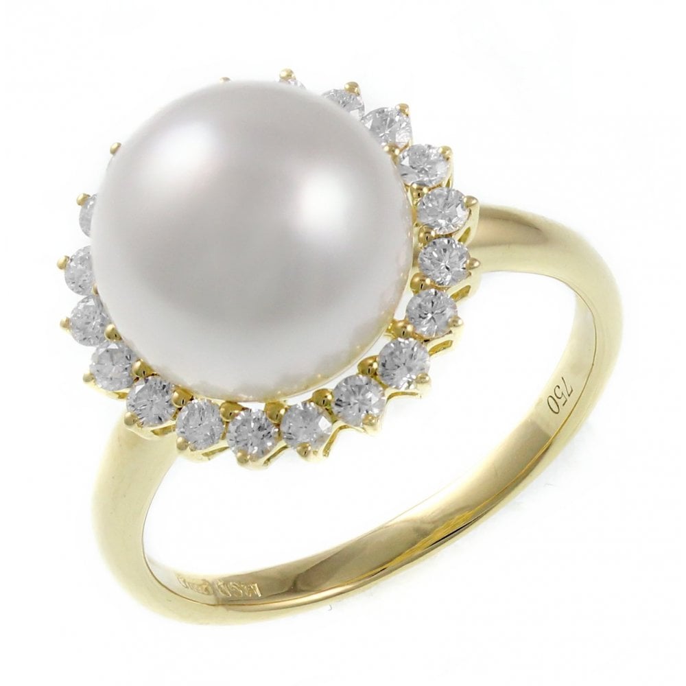 18ct yellow gold 10mm South Sea pearl & 0.42ct diamond ring