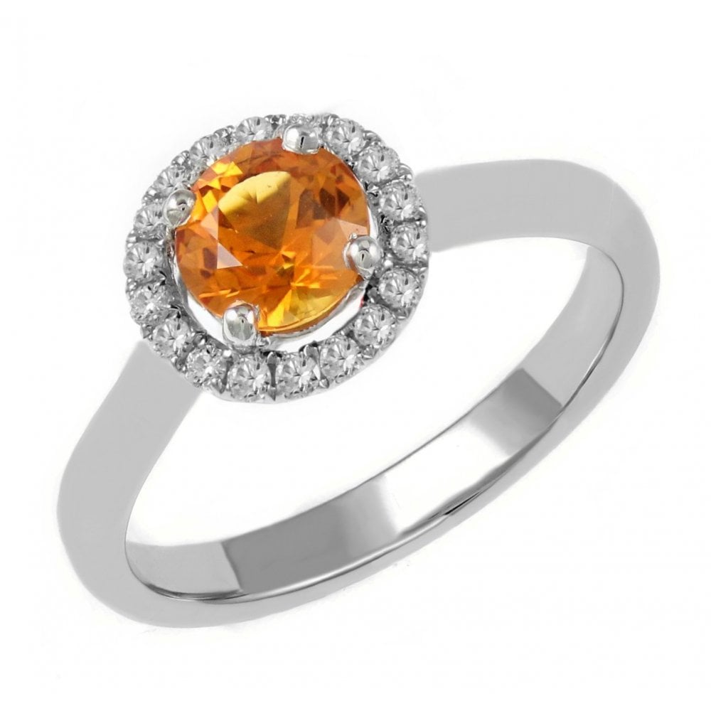Platinum 0.69ct orange sapphire & 0.16ct diamond halo ring