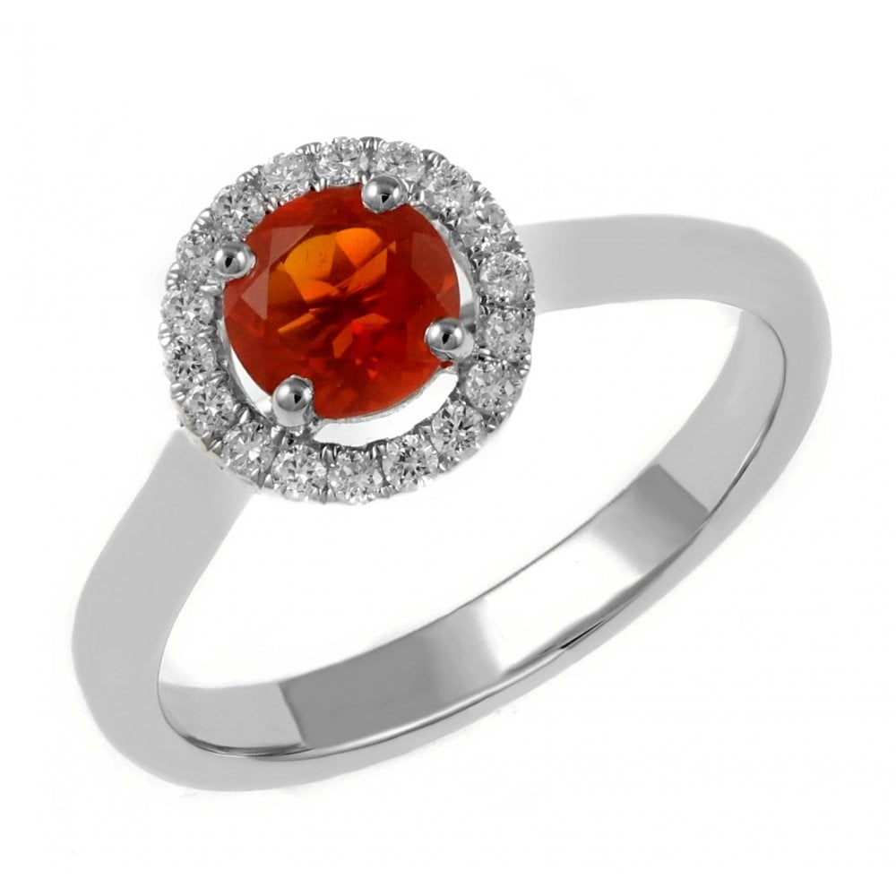Platinum 0.58ct fire opal & 0.23ct diamond halo ring