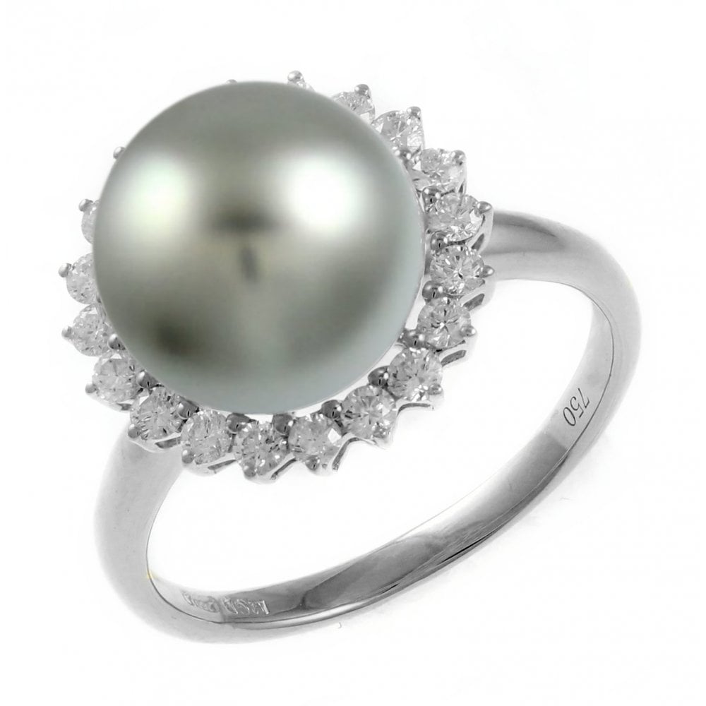 18ct white gold 11mm Tahitian pearl & 0.42ct diamond ring