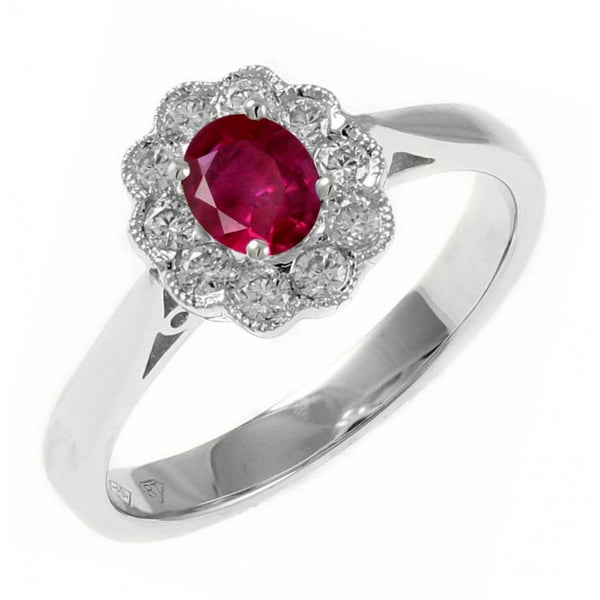 18ct white gold 0.36ct ruby & 0.21ct diamond cluster ring