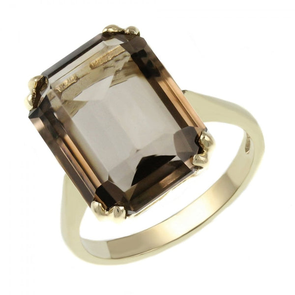 9ct yellow gold 16mm x 12mm emerald cut smoky quartz ring
