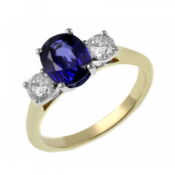 18ct yellow gold 1.72ct sapphire & 0.50ct diamond 3 stone ring