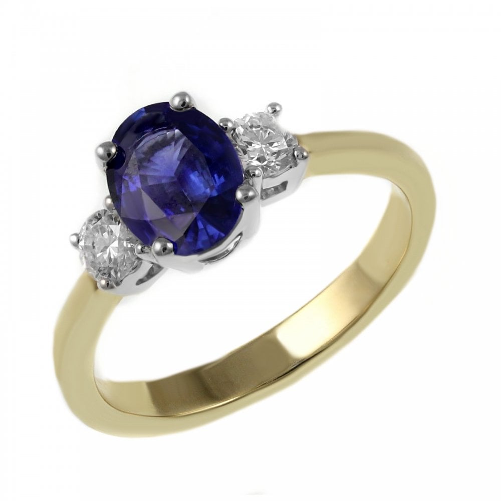 18ct yellow gold 1.24ct sapphire & 0.40ct diamond 3 stone ring