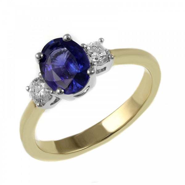 18ct yellow gold 1.24ct sapphire & 0.40ct diamond 3 stone ring