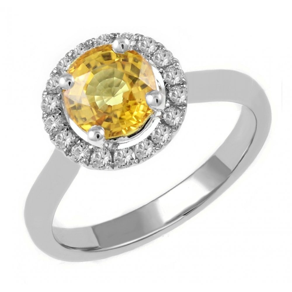 Platinum 0.69ct yellow sapphire & 0.16ct diamond halo ring