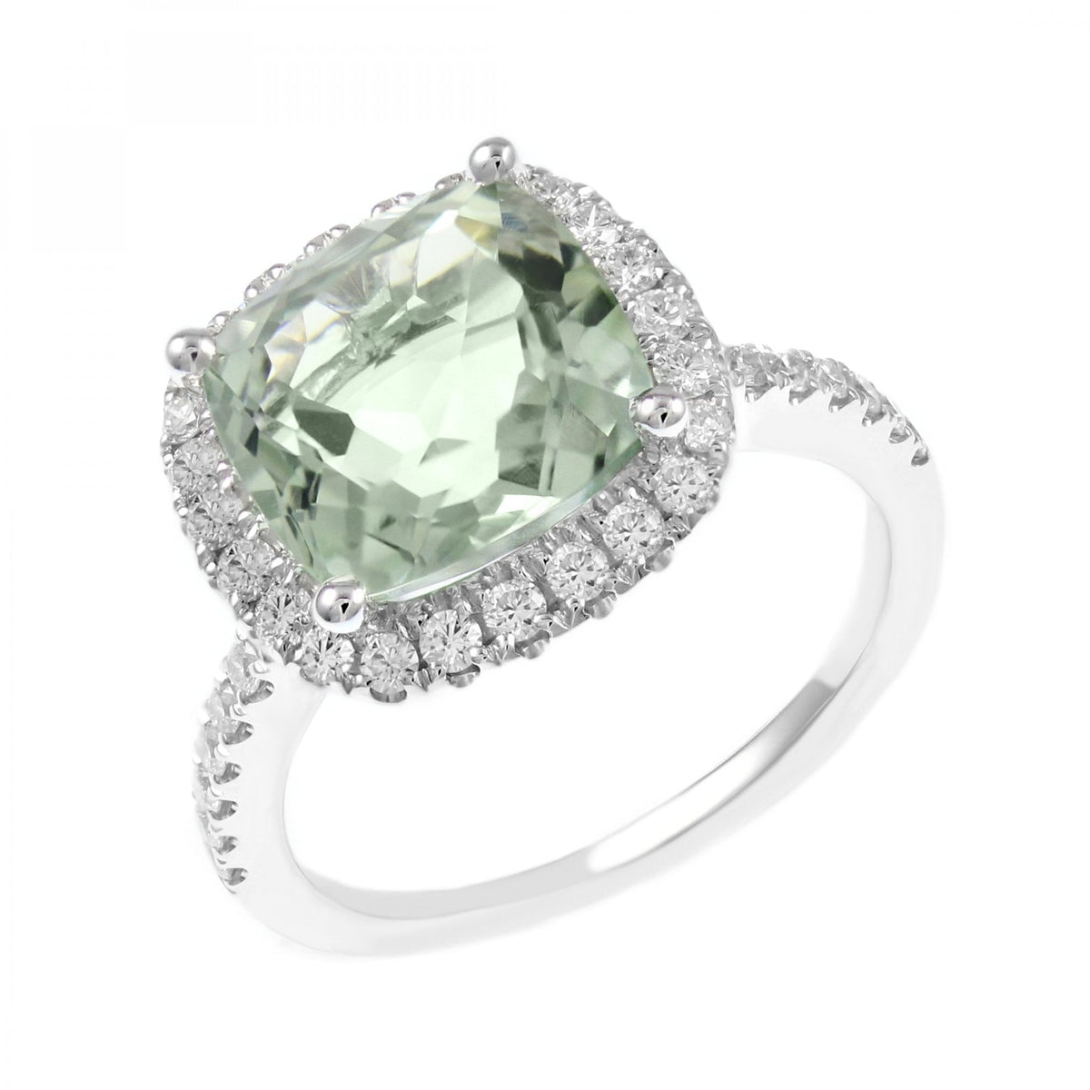 Platinum 4.85ct green amethyst & 0.51ct diamond cluster ring