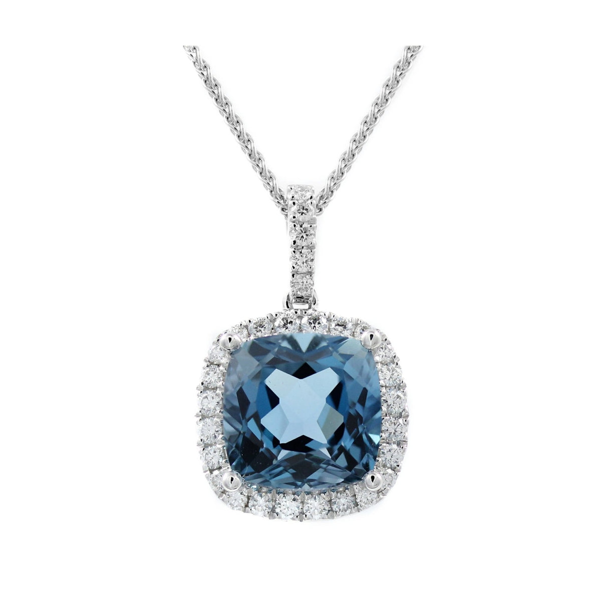 18ct white gold 6.62ct London blue topaz 0.41ct diamond pendant.
